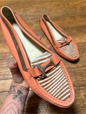 Tod’s Coral Striped Leather Loafers